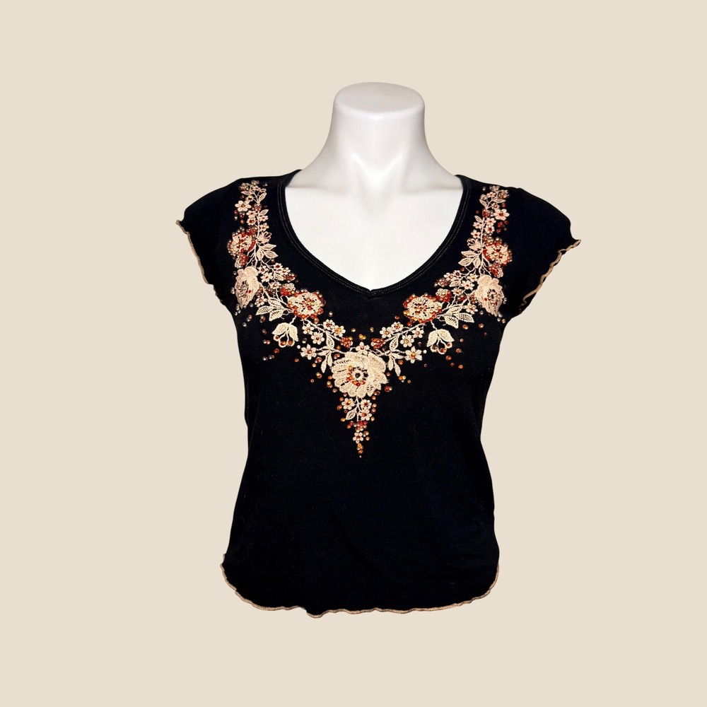 Y2K F.A.N.G. Black Floral Embroidered Beaded V-Neck Top Lettuce Edge #14